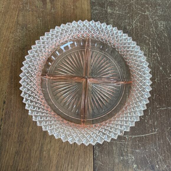 Vintage Other - Pink Depression Era Cubist Pressed Glass Divided 9‎ Inch Dinner Plate